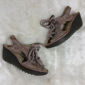 Fly London Ylfa Leather Lace Up Wedge Sandals 37